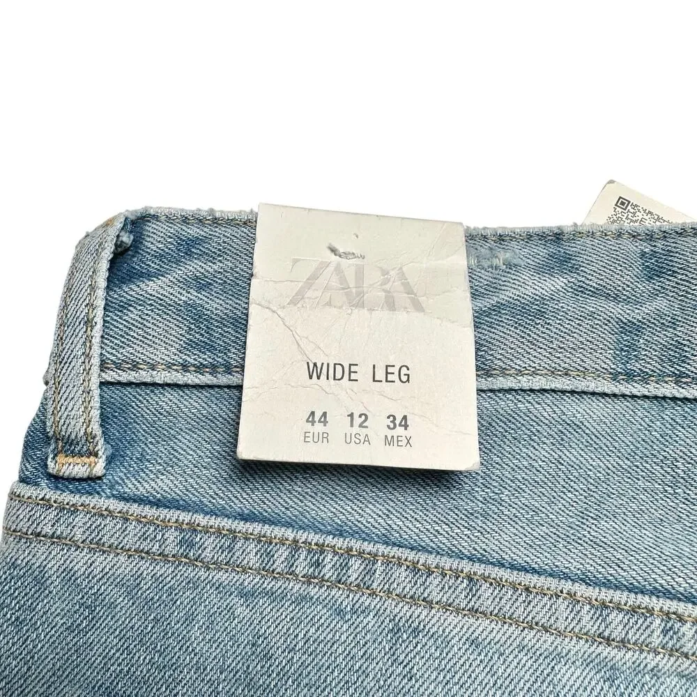 Zara | Women | Wide Leg Mid Rise Full Length Distressed Denim Jeans | Sz 12